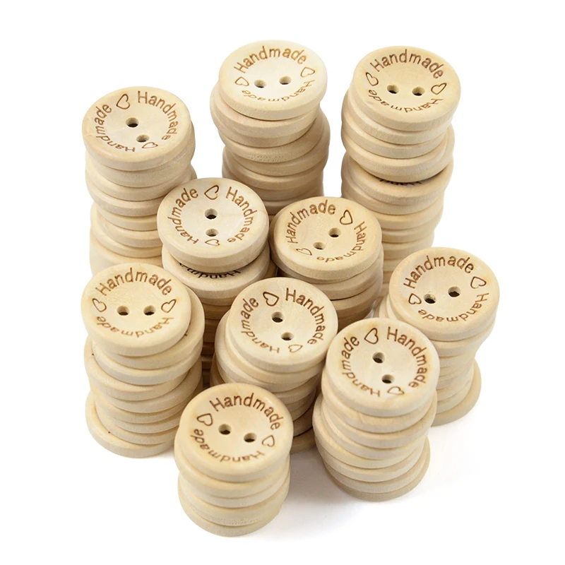 

100pcs 2Hole Natural Wooden Buttons Handmade with Love Clothing Buttons for DIY Craft Scrapbooking Sewing Accessories 15/20/25mm