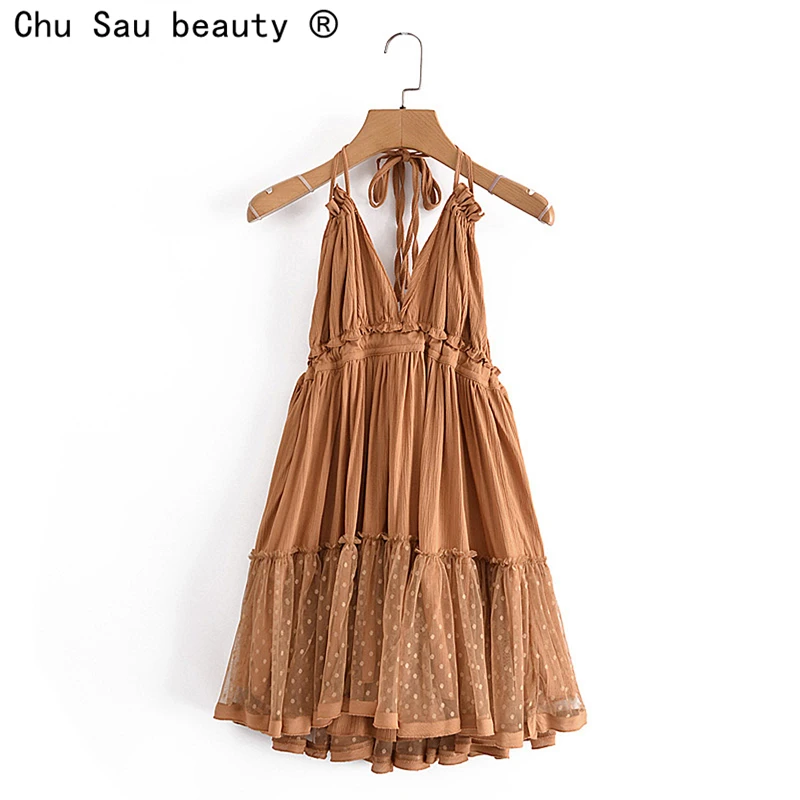 

Женское однотонное платье с кружевом, привлекательное короткое платье с V-образным вырезом, открытой спиной и сеткой, праздничное пляжное п...