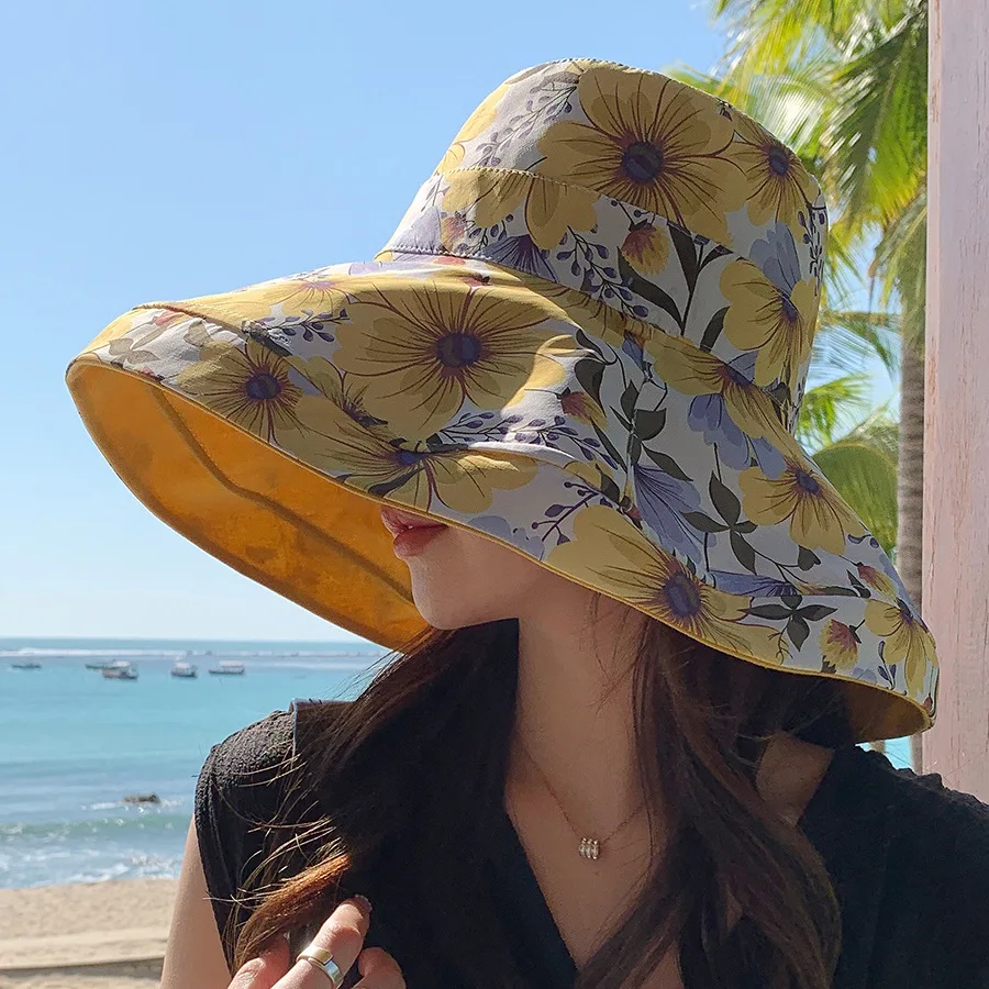 

COKK Summer Hats For Women Fisherman Cap Double Sided Flower Sun Hat Sunscreen Foldable Ladies Hats Big Wide Brim Beach Travel
