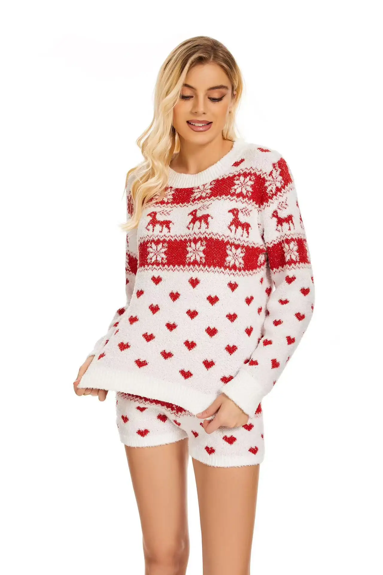 

Women Christmas Homewear Suit Long Sleeve Tops Knitted Heart Elk Print Button Basic Pullover with Shorts Outfit
