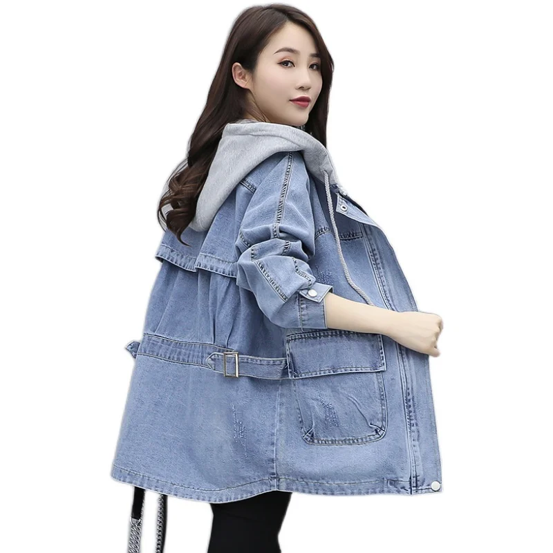 

2021 New Autumn Women’s Denim Jacket Long Sleeve Casual Jeans Coat Hooded Loose Turn Down Collar Overcoat Femme Outerwear