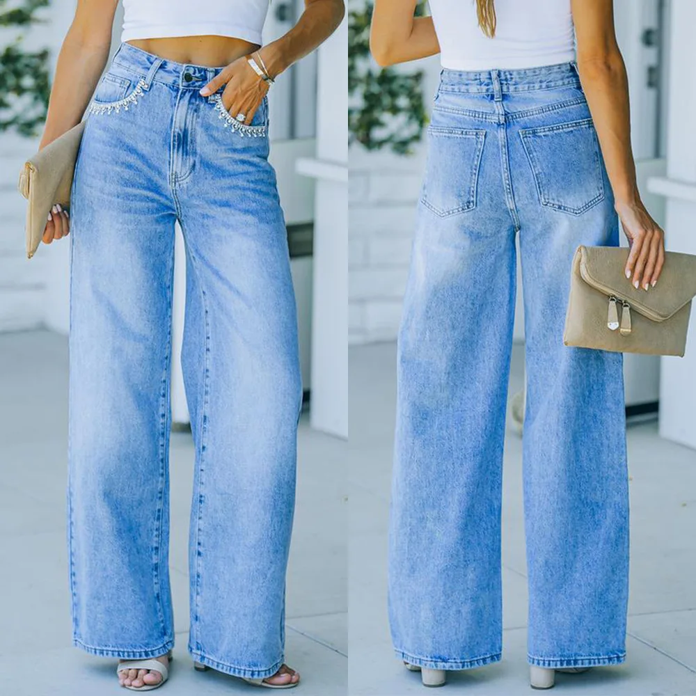 

Wome Light Blue Denim Washed Bleached Trouser Wide Leg Straight Long Pant High Waist Casual Loose Indie Clothes Aesthetic Jean