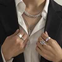 2022 men ring vintage old angel rings set creative pentagram imitation gemstone geometric anel masculino punk jewelry on hand