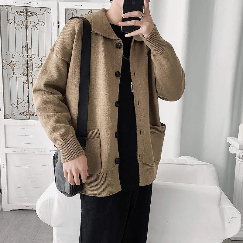 

Кардиган мужской из грубой шерсти, однобортный жакет с лацканами, модная рубашка с длинным рукавом, однотонная куртка в стиле Харадзюку