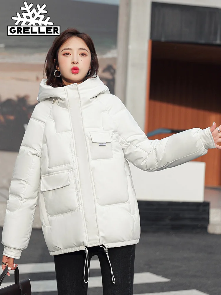 GRELLER 2022 Winter Clothes Women Short Jacket Thick Hooded Cotton Padded Coats Female Loose Puffer Parkas Ladies Winter Coat