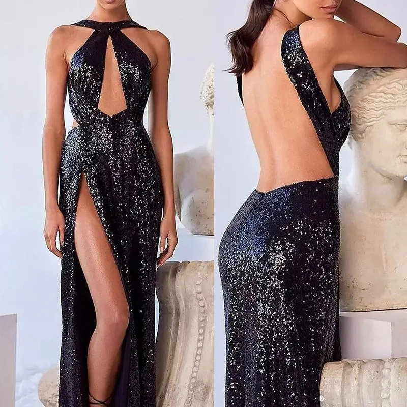 Women Sexy Cold Shoulder Backless High Slit Maxi Sequin Black Elegant Party Dress Hollowed Out