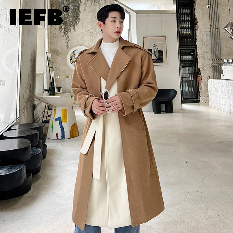 

IEFB Autumn Winter Korean Color Contrast Men's Medium Length Knee Length Coat Windbreaker Trend 2023 Fashion Male Trench 9A5917