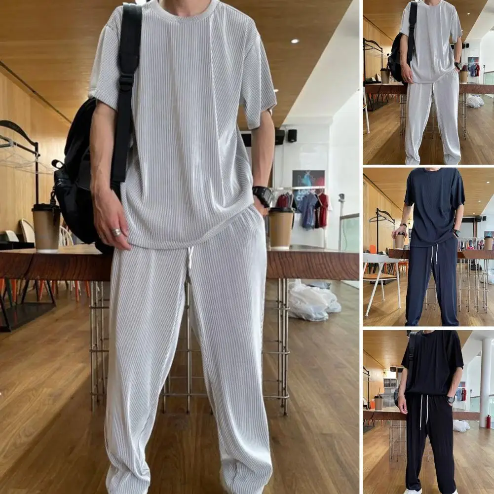 

Men Sets Casual Summer Thin Loose Elastic Ice Silk Short-sleeved Top and Trousers Casual Two-piece Men's Suit