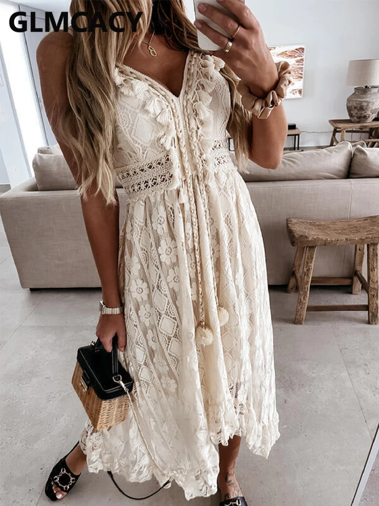 

Women Spaghetti Strap V Neck Lace Midi Dress Sweet Party Dress