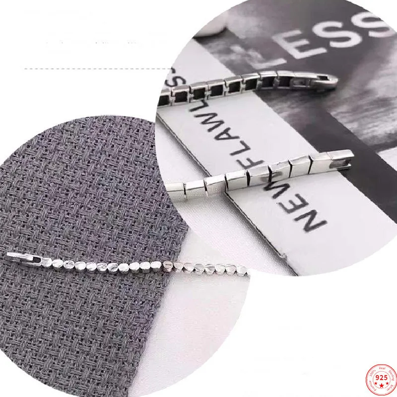 

S925 Sterling Silver Charm Bracelets 2022 Fashion Smooth Round Square Rhombic Lattice Splicing Argentum Jewelry for Women Lover
