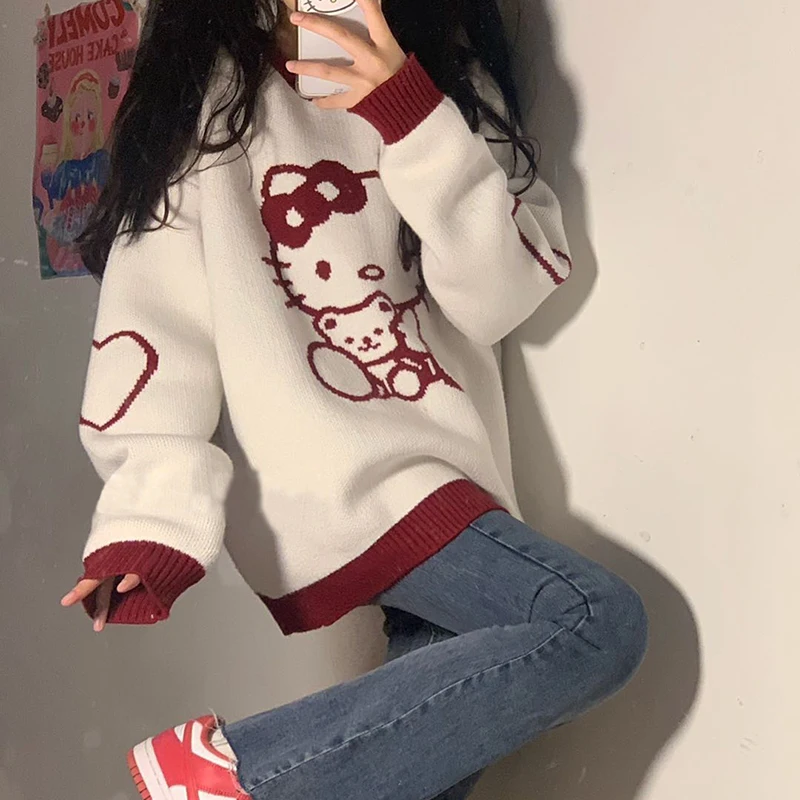 Kawaii Sanriod Anime Series Kitty Cute Pullover Sweater Jk Autumn Winter The New Sweater Tie Feet Trousers Girls Holiday Gift