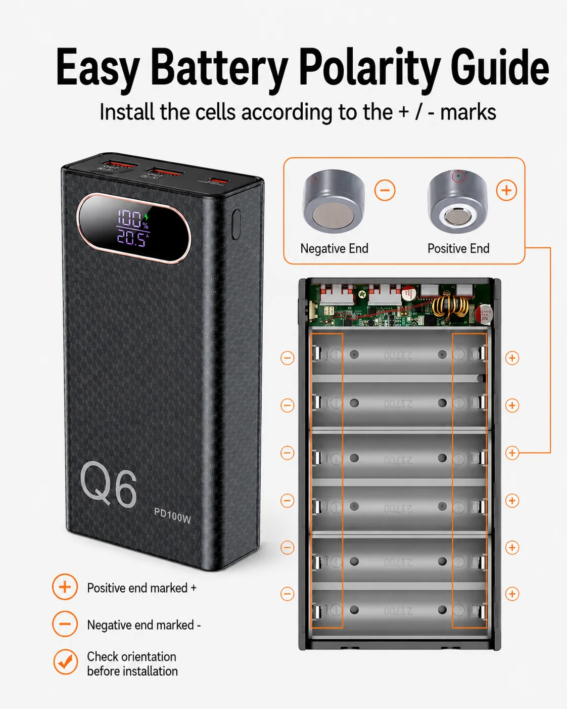 Фото Комплект корпуса для повербанка Q6 PD100W DIY на 6x21700 элементов с плоским контактом, без пайки, с быстрой зарядкой и цифровым дисплеем №4