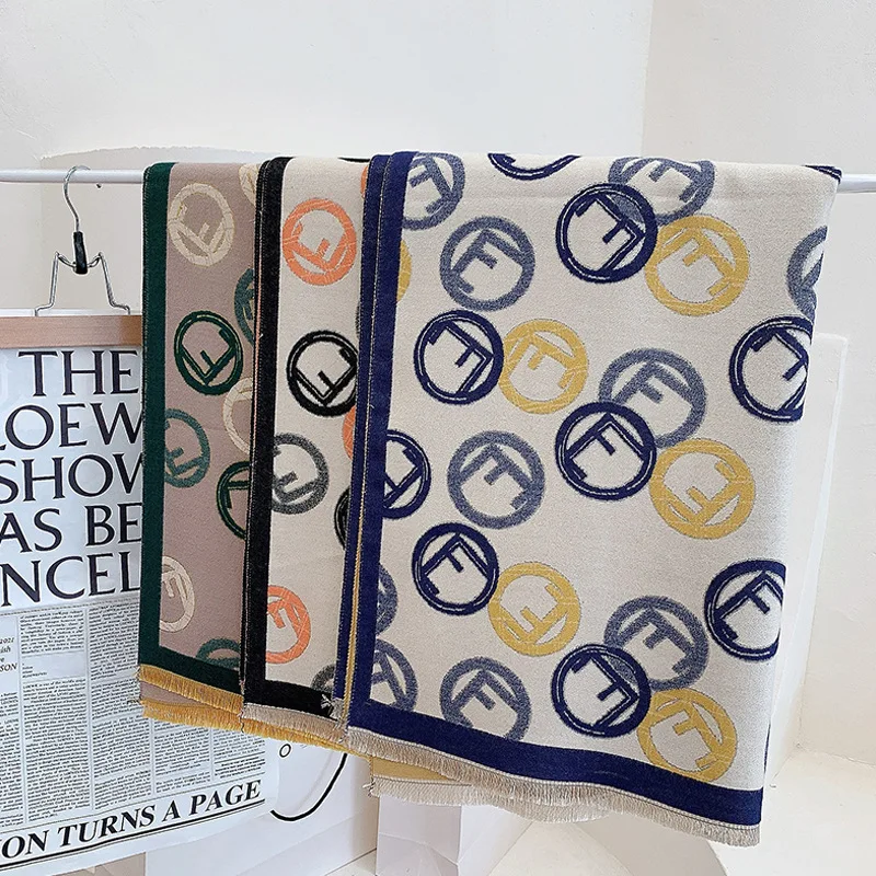 

Роскошный брендовый женский теплый шарф, зимняя шаль из пашмины, большая шаль, одеяло с принтом букв E, дизайнерская фуляровая бандана, женск...