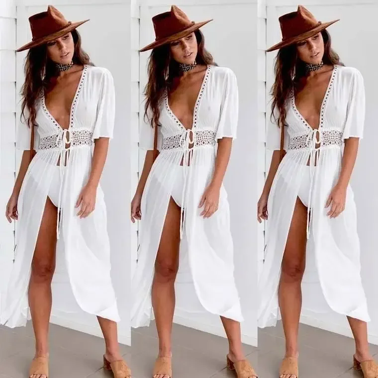Бикини Cover Up Beach Long Maxi Dress Women Tunic Pareo White V Neck Robe Swimwear Купальный костюм Пляжная одежда