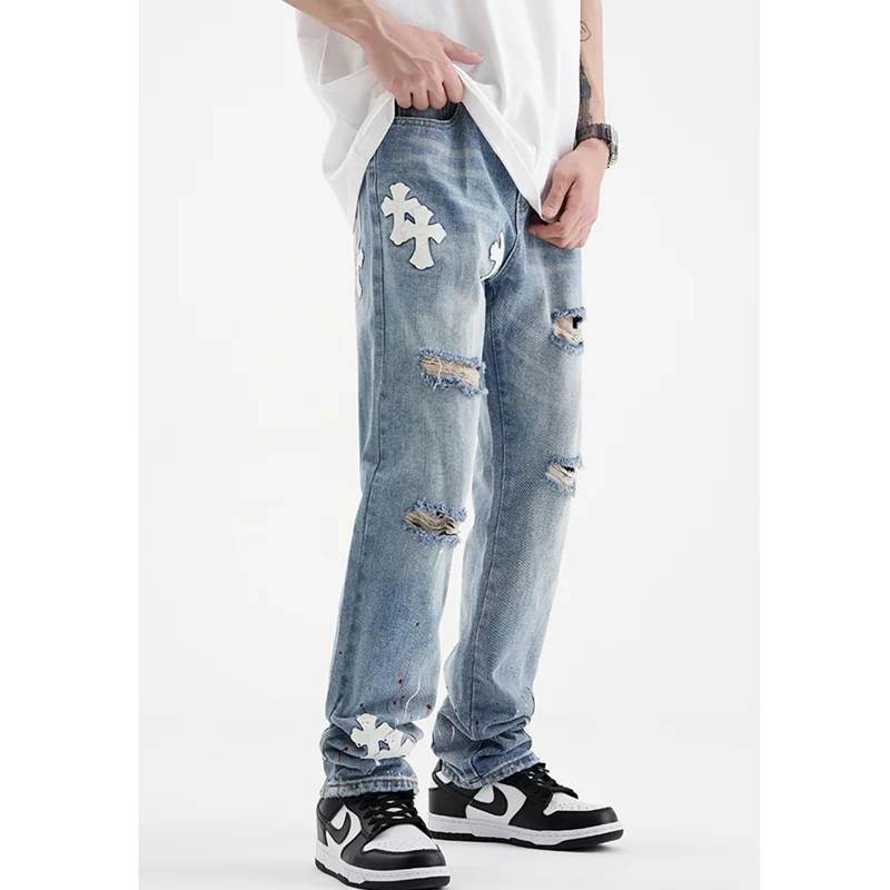 Streetwear Men 2022 New Pasting Cloth Cross Pattern Recreational Light Blue Jeans Loose Straight Cylinder Trousers Autumn Female