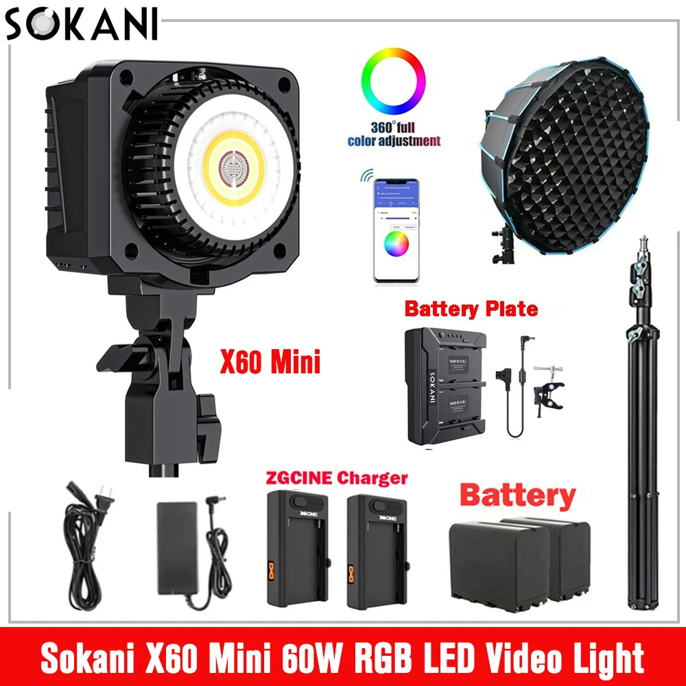 Sokani X60 RGB Mini 60W женское фото-и видеоустройство для фотосъемки, запись видео на открытом воздухе с 55 см софтбоксом