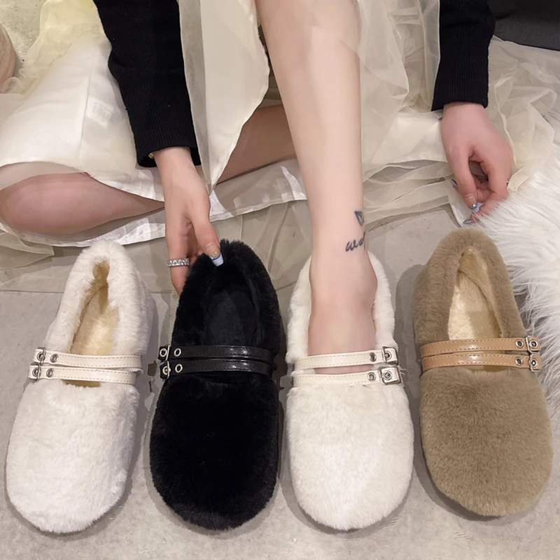 

All-Match Casual Woman Shoe Loafers Fur Slip-on Round Toe Elegant New Slip On Moccasin Winter Rubber Solid Lace-Up Leisure Basi