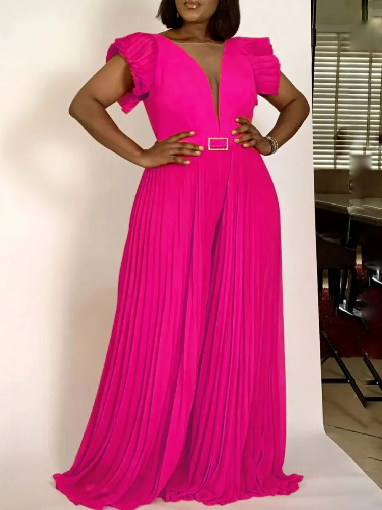 

African Women Long Wide Legs Jumpsuits Dashiki Short Sleeve Christmas Black Party Wear Celebrate Pleated Rompers Overalls