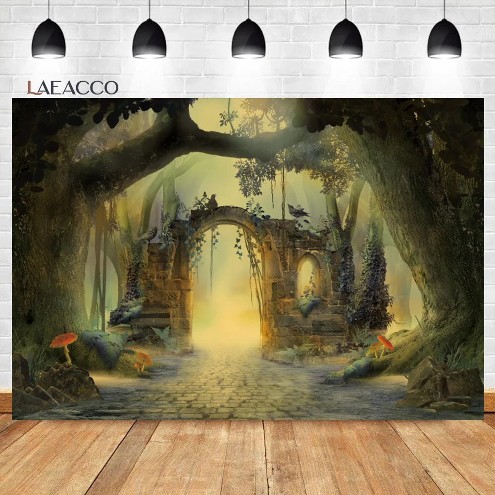 

Laeacco Fantasy Fairy Tale Enchanted Forest Stone Arch Backdrop Kid Birthday Newborn Baby Shower Portrait Photography Background