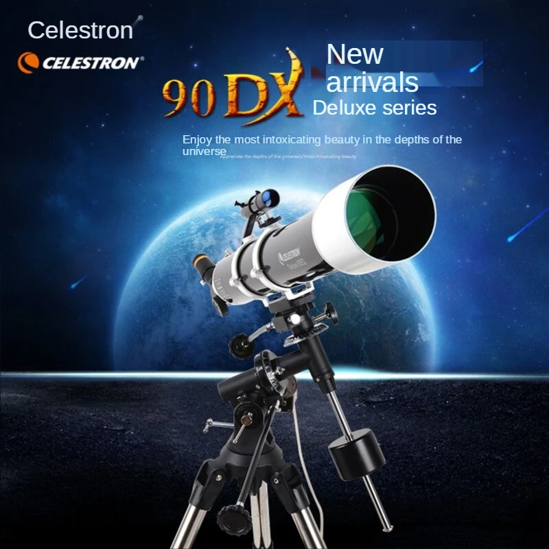 

Celestron Astronomical Telescope, 90/910, Deluxe 90EQ, EQ2, equatorial Instrument with Luxury Motor, Stainless Steel Tripod