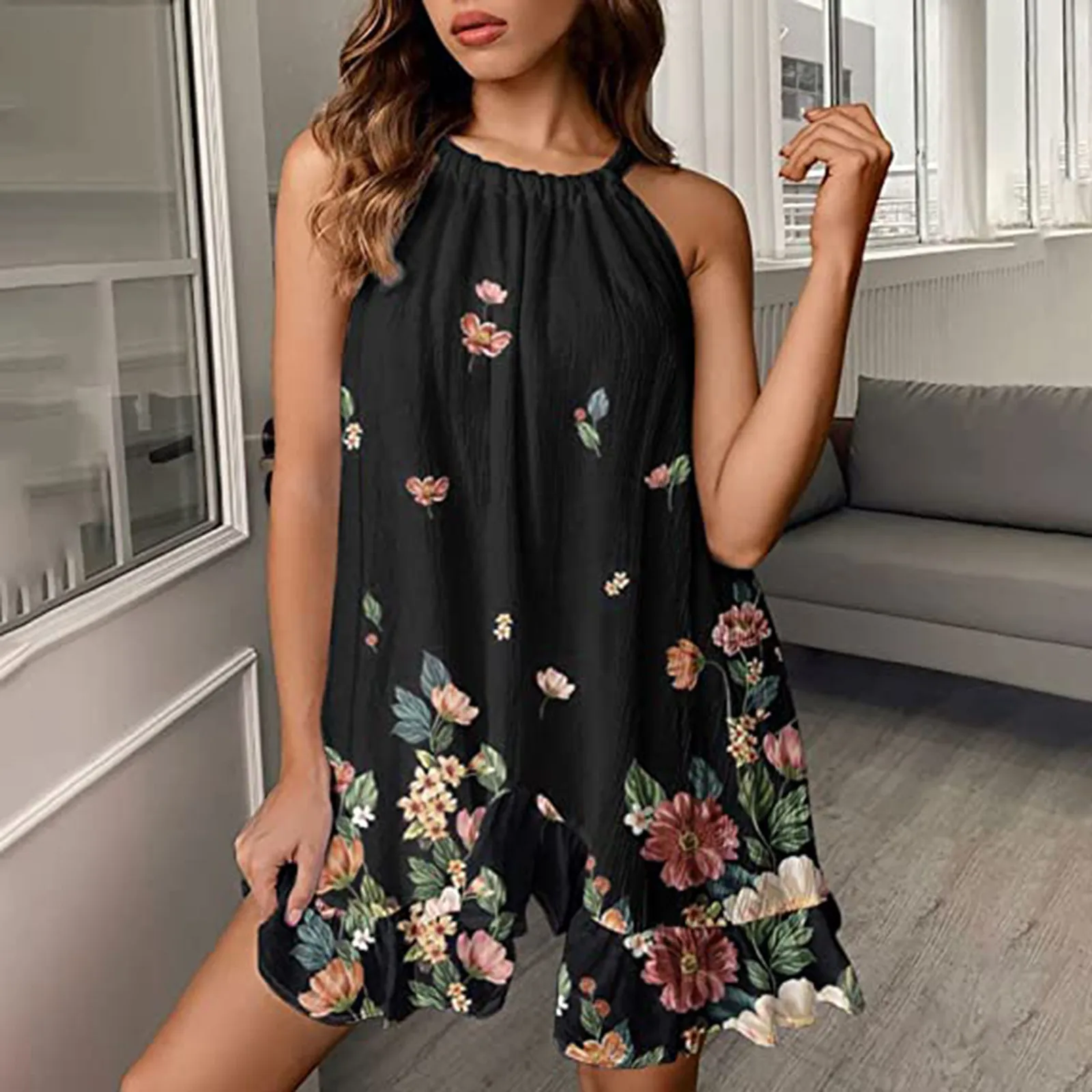 

Женский элегантный топ с цветочным принтом, с лямкой на шее, без рукавов, с оборками, повседневное короткое платье, Женский Топик