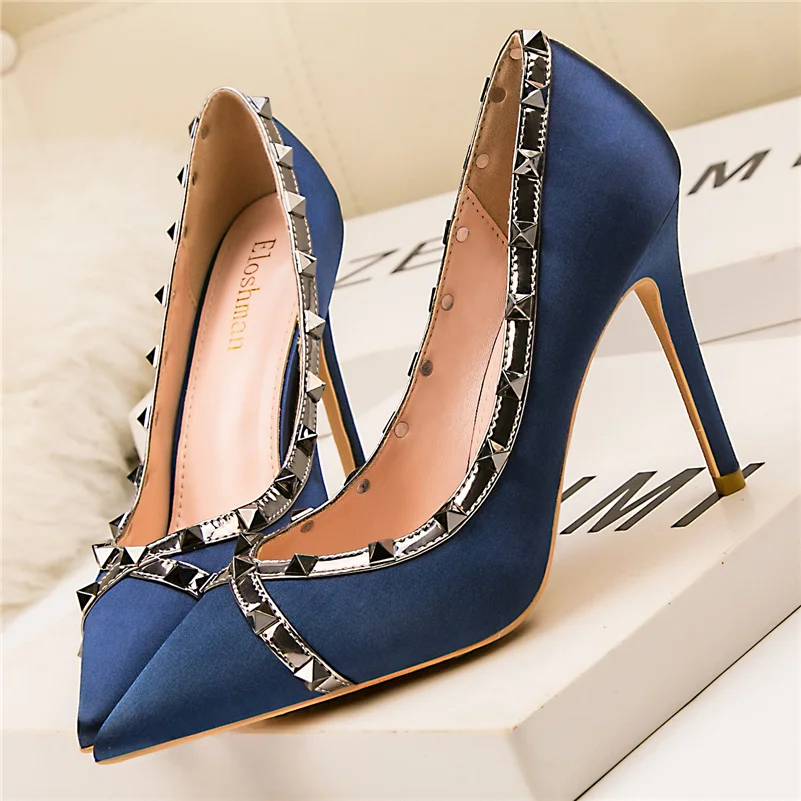 

2023 Women 10cm High Heels Evening Royal Blue Pumps Scarpins Wedding Bridal Rivets Studded Stiletto Heels Lady Fetish Prom Shoes