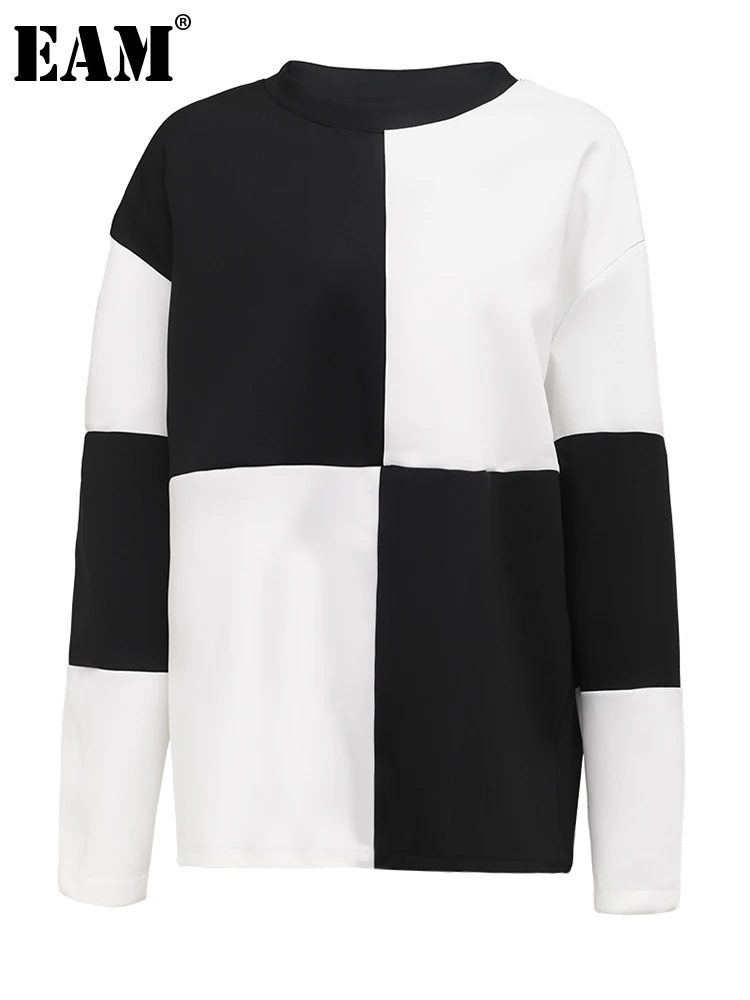

[EAM] Women White Color-block Big Size Casual T-shirt New Round Neck Long Sleeve Fashion Tide Spring Autumn 2023 1DF6442