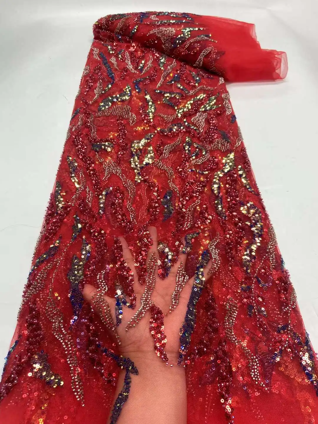 

African Lace Fabric 2023 Handmade Beaded Lace Fabric France Sequins Nigerian Embroidery Bridal Mesh Lace Fabric For Sewing
