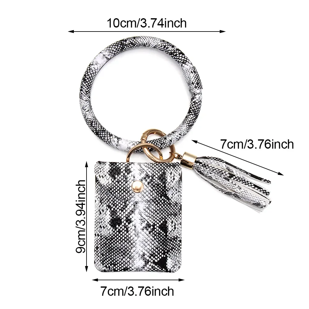 Bangle Style ID Card Holder Wallets Wristlet Keychain Card Holder Bracelet Key Ring Tassel Snake Skin Leather Coin Purse
