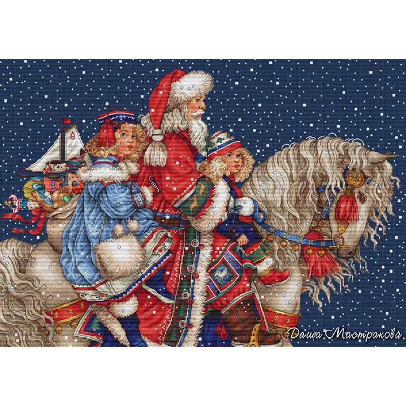 

Amishop Top Quality Lovely Hot Selling Counted Cross Stitch Kit Christmas Story Santa Claus On Horseback Child Wall Decoration