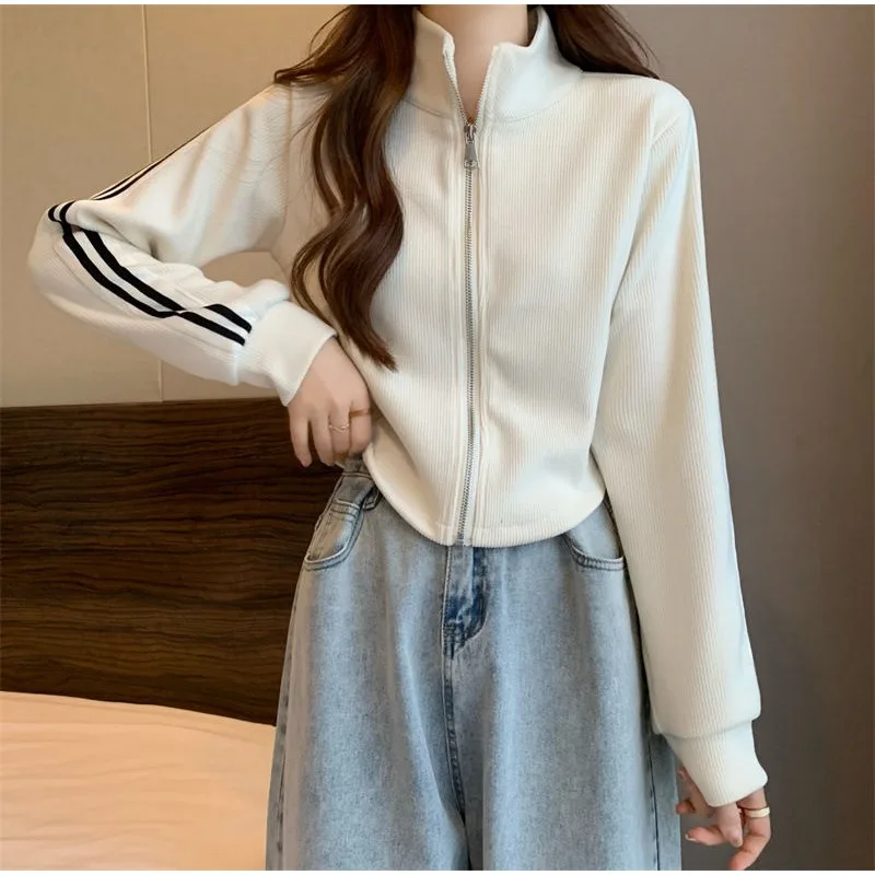

New Corduroy Sports Slim Fit Zipper Cropped Sweatshirt Jacket Winter Small Man Stand Collar Cardigan Women Morning Running Wear