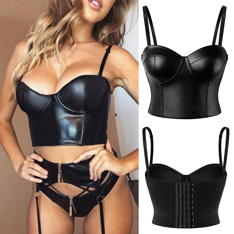 

Women's Corset Bra PU Leather Steampunk Bustier Crop Top Gothic Punk Push Up Black S-6XL