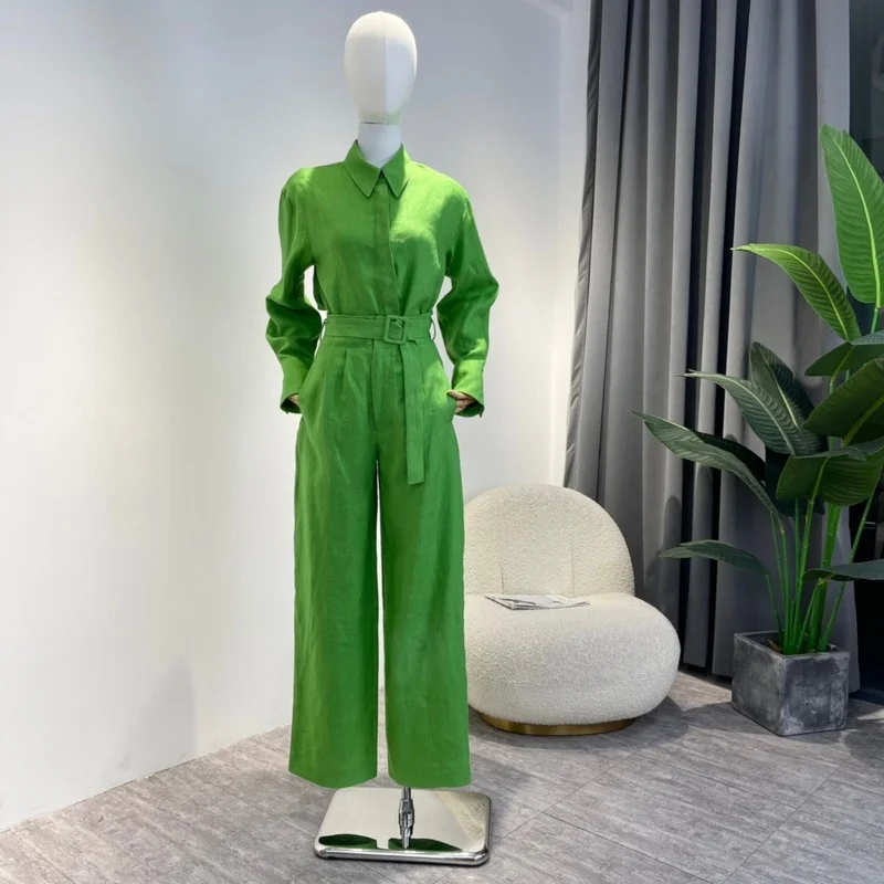 

Women Solid Green Suits New Autumn 2022 Top Quality Linen Straight Blouse High Waist Pants Set
