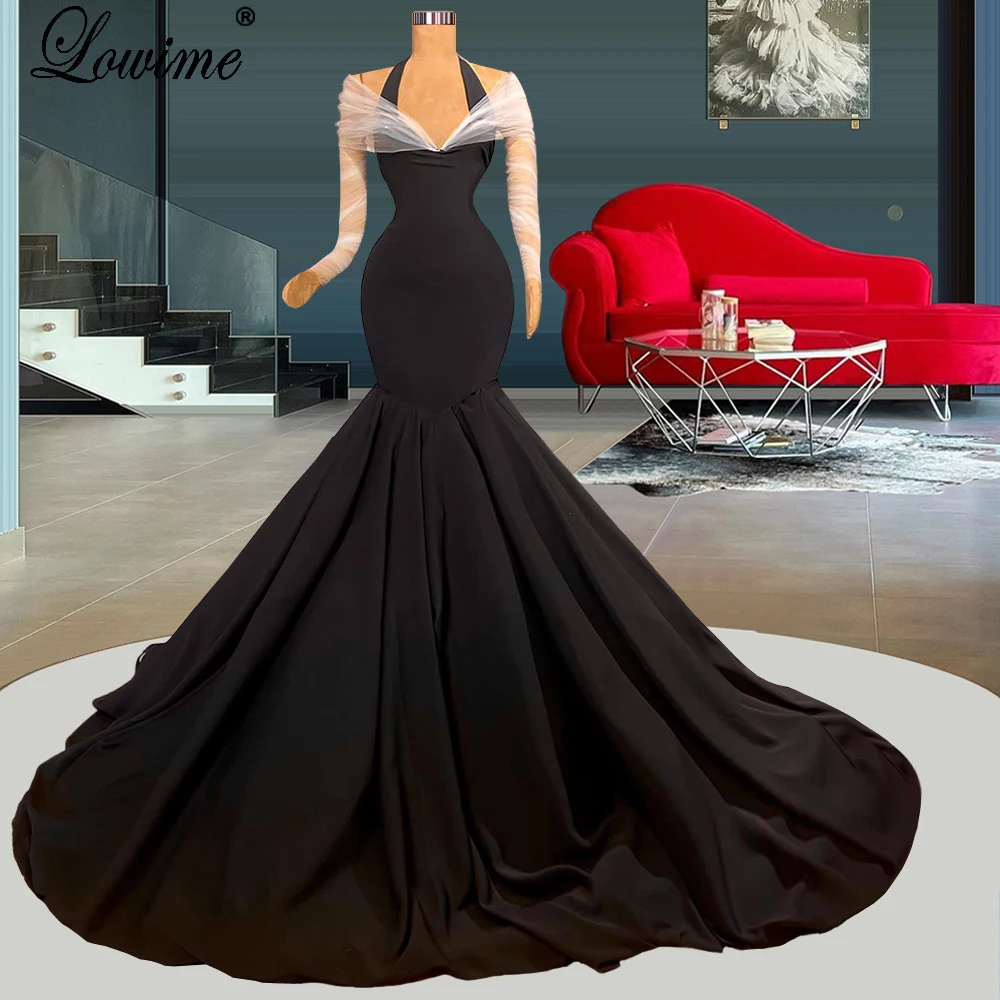 

Classic Black Halter Celebrity Dresses Mermaid Backless Red Carpet Runway Dresses Long Sleeves Evening Dresses فساتين حفلات