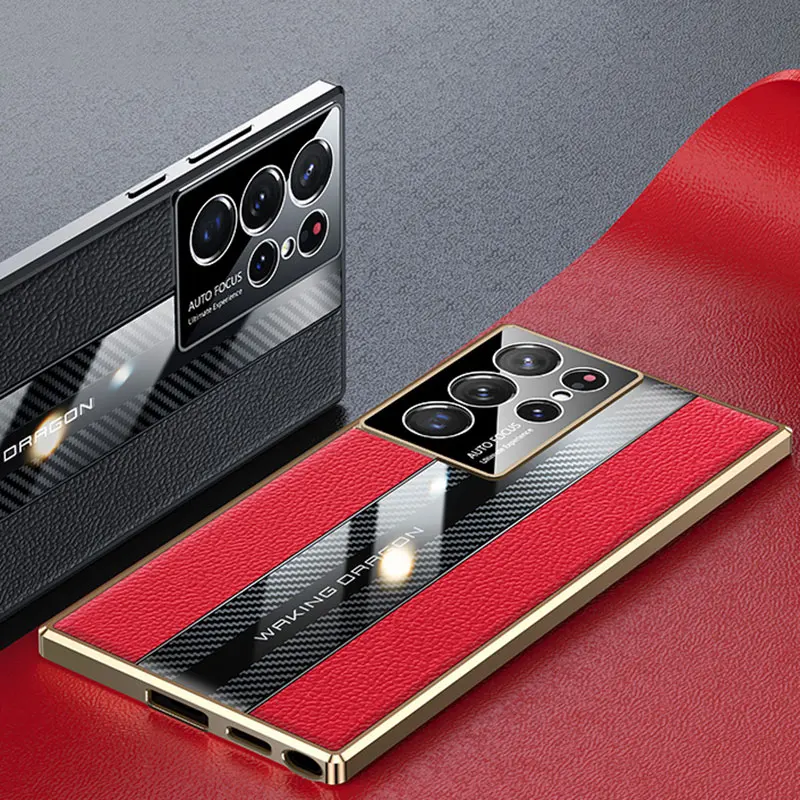 

Luxury Leather Carbon Fiber Square Case for Samsung Galaxy S22 Ultra S21 Plus Silicone Full Camera Protection Shockproof Cover
