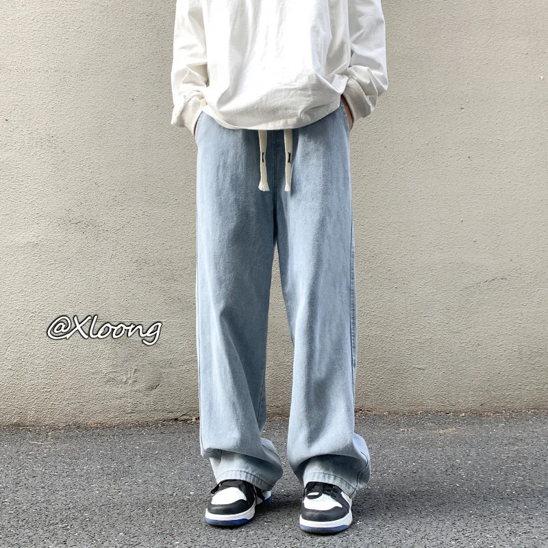 Blue Black Baggy Jeans Men Fashion Drawstring Casual Straight Jeans Mens Japanese Streetwear Hip-hop Loose Denim Trousers Men