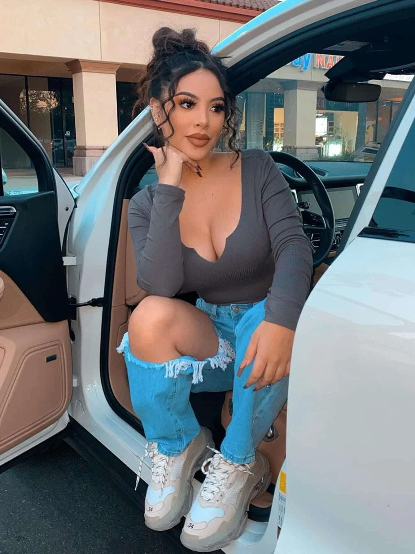 

Notched Neck Rib-knit Bodysuit