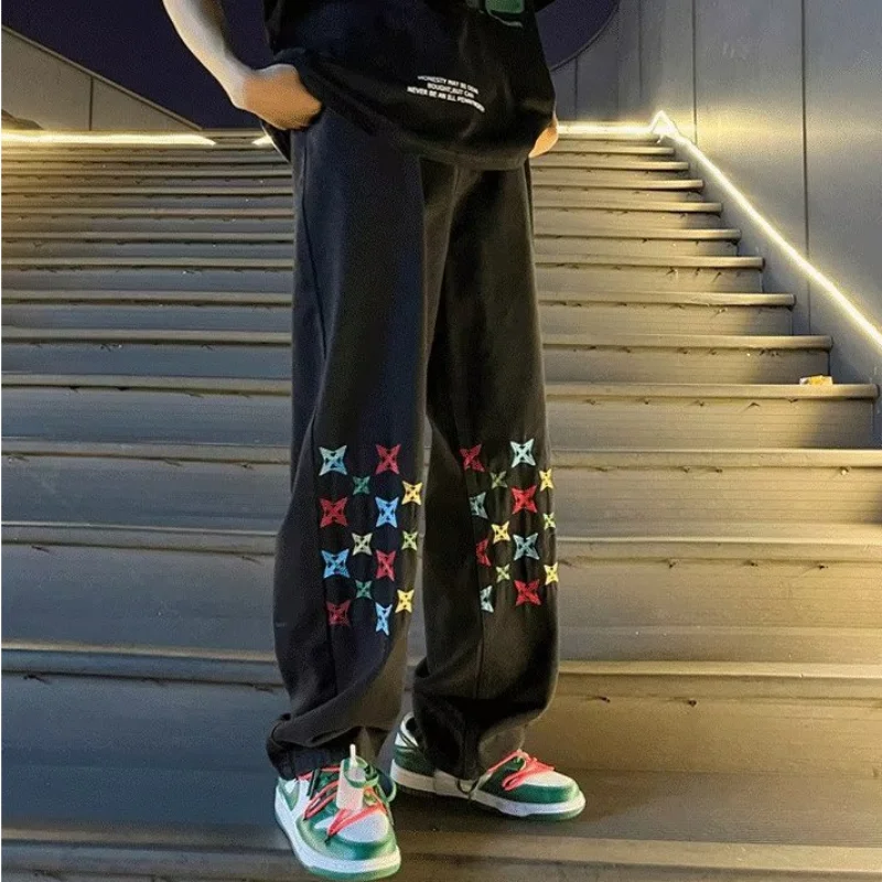 DEEPTOWN Embroidery Straight Jeans for Men Black Blue Denim Pants Streetwear Loose Casual Trousers Male Korean Hip Hop Spring