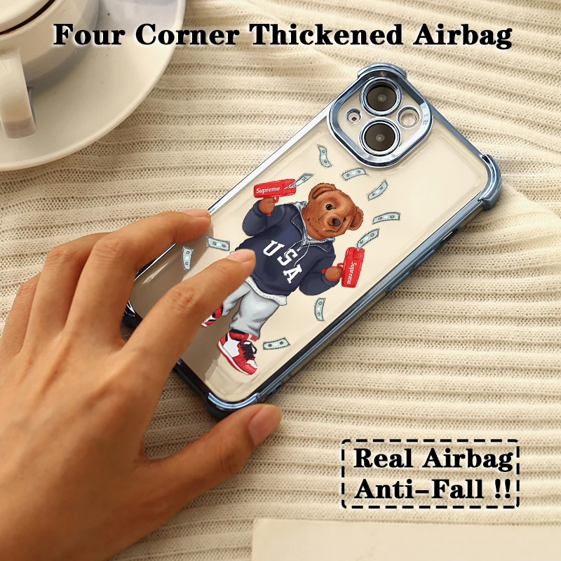 Fashion Dollar Bear Plating Case For Oppo Reno12 Reno11 Reno10 Reno8 Reno7 Reno6 Reno5 Pro Plus 4G 5G Shockproof Anti Fall Cover