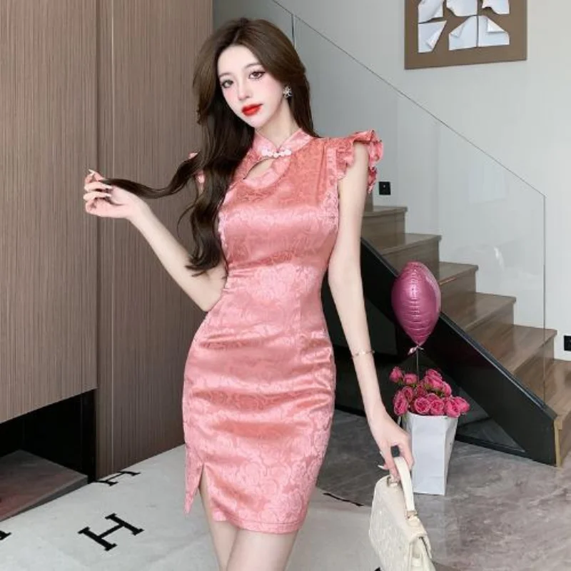 

Chinese Dress Cheongsam Chi-pao Summer Elegant Dress Slim Fit Sexy Nightclub Cover Neck Short Side Split Wrap Hip Qipao Dress