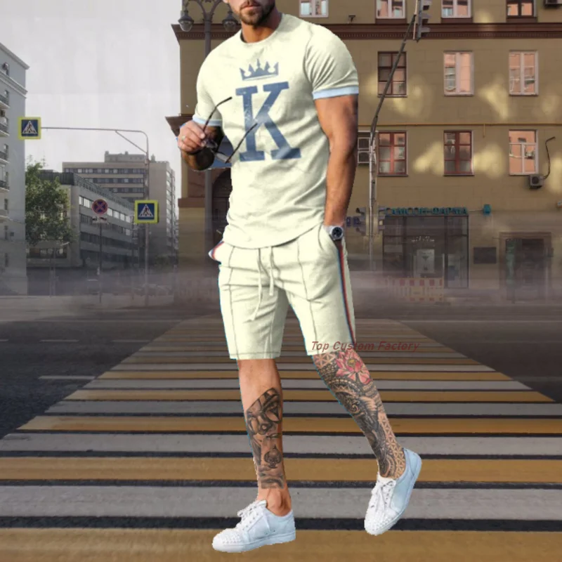 Men's Summer Oversized Short Sleeve Letter K T-shirt Top Jogger Clothing Cool Tracksuits 2 Piece Set Sportswear