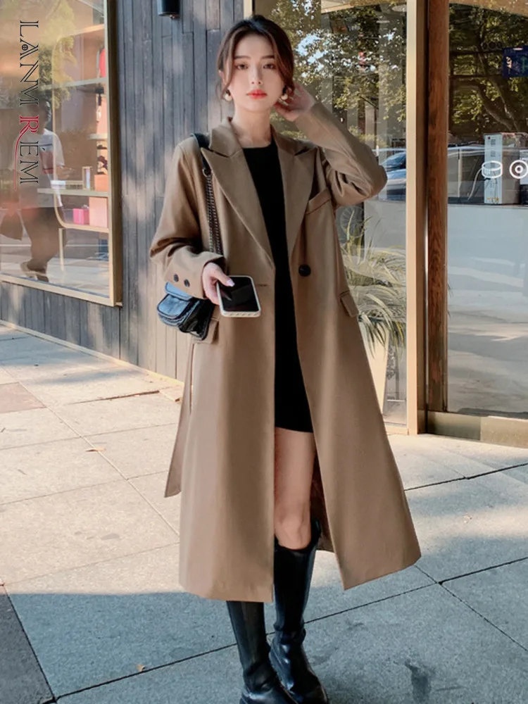 

LANMREM Trendy Trench Coat Women's Solid Color Notched Long Length Office Lady Fashion Coats 2023 Spring Winter New 2L1010