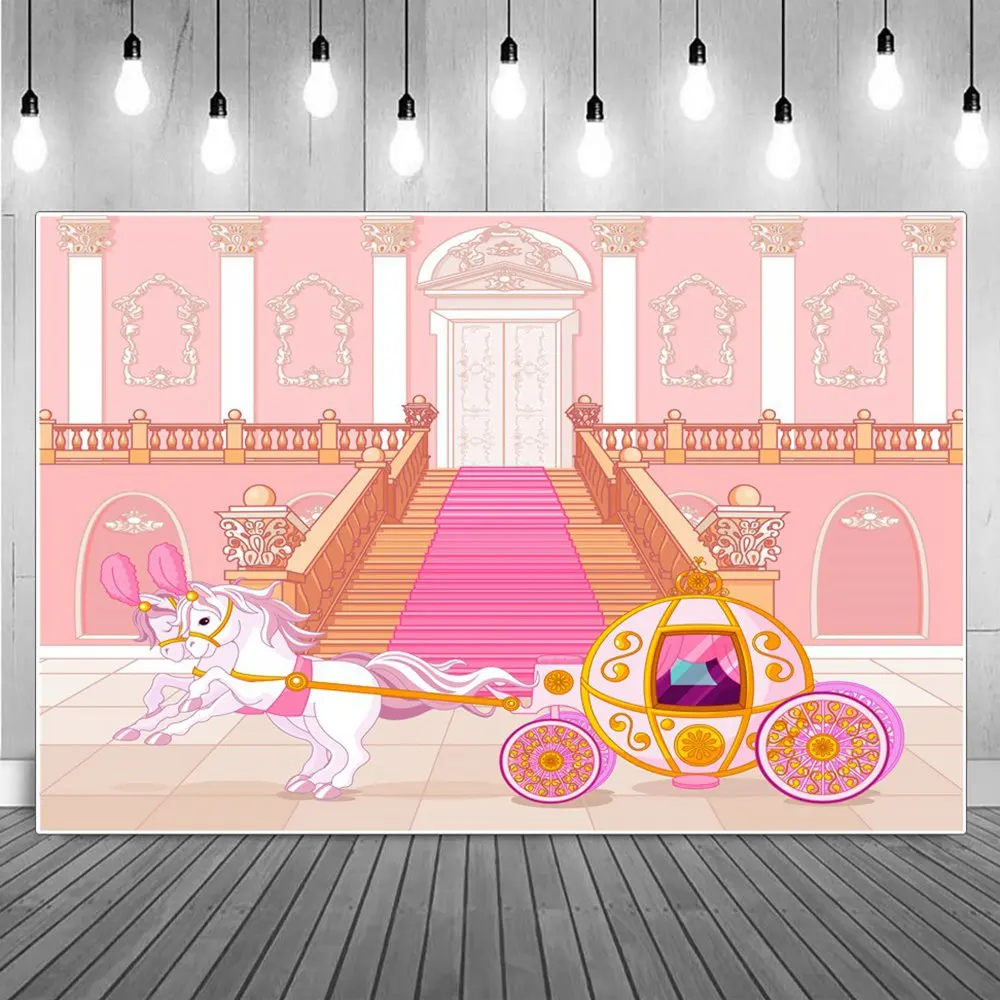 

Мультяшный дворец Замок фотография фоны Дети Лошадь карета лестница принцесса день рождения портрет фотографический фон