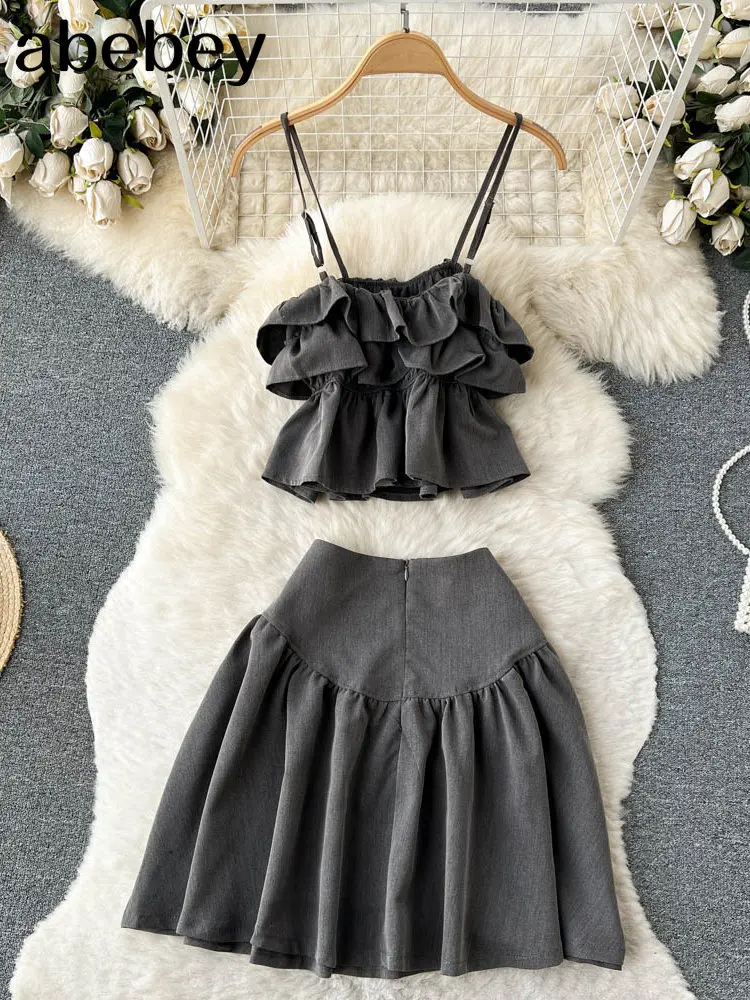 

Женские винтажные пляжные костюмы, топ без рукавов с оборками + короткая плиссированная юбка, привлекательные комплекты из двух предметов в...