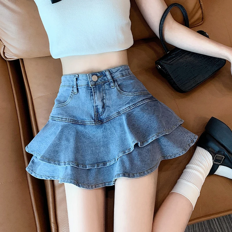 

Модная женская джинсовая юбка с оборками, пикантное бальное платье с высокой талией, трапециевидные мини-юбки, летняя новая Корейская женская юбка в стиле преппи