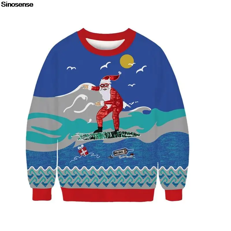 

Men Women Santa Surfing Ugly Christmas Sweaters Jumpers Tops 3D Funny Printed Xmas Clothing Tops Pullover Christmas Sweatshirt