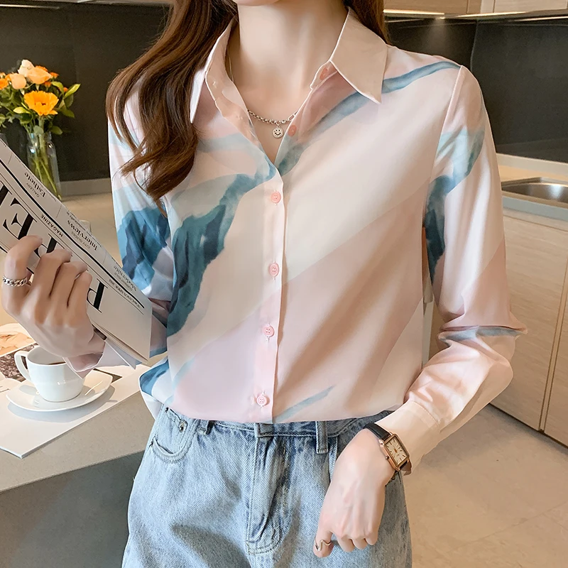 

Шифоновая женская блузка, свободная рубашка-поло, летняя мода, Топ с длинным рукавом и принтом, Повседневная Весенняя женская одежда Movafag