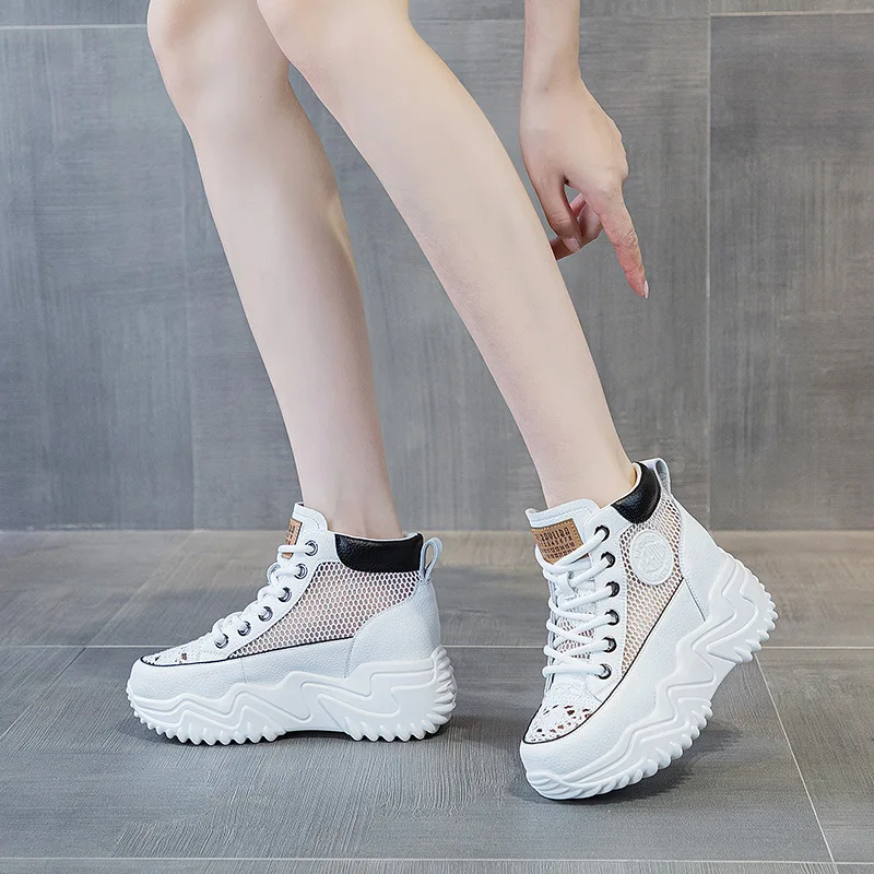 7CM Air Mesh Genuine Leather Comfy High Brand Breathable Shoes Chunky Sneaker Spring Summer Platform Women Wedge Women Shoes