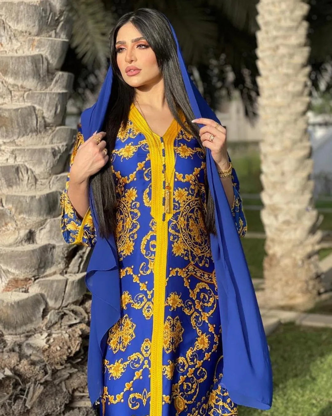 Мусульманское платье с винтажным принтом из Дубая, арабский стиль, марокканский кафтан абайя, Ближний Восток, Турция, ислам, Оман, синий Кафт...