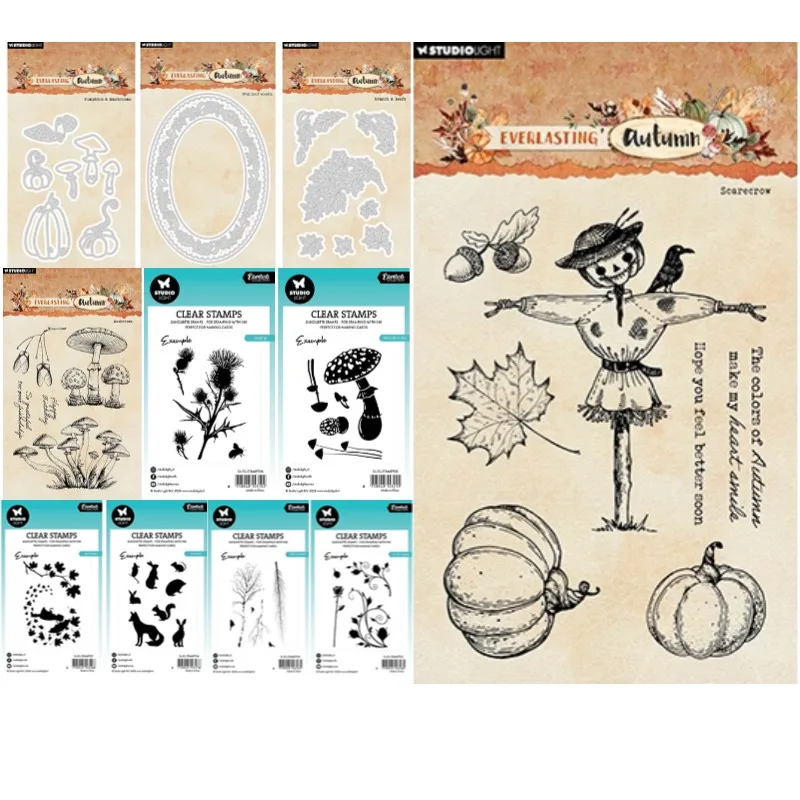 Осенние листья тыквы грибы пугало животные предметы первой необходимости